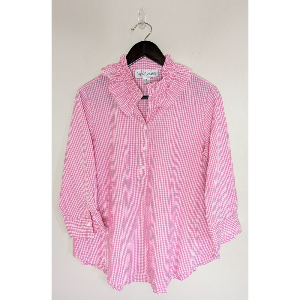 Sara Campbell Size M Gingham Seersucker Ruffle Collar Blouse Top Preppy Feminine